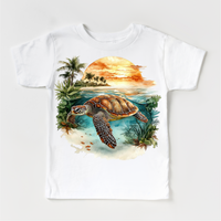 Retro Sea Turtle Watercolor Ocean Scene design on a white garment.
