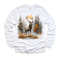Retro Elk Watercolor Nature Scene design on a long sleeve shirt.