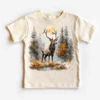 Retro Elk Watercolor Nature Scene, Kids graphic T-shirt by Madi Moosh
