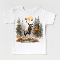 Retro Elk Watercolor Nature Scene design on a white garment.
