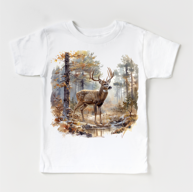 Retro Deer Watercolor Nature Scene Buck Shirt - Kids Tee