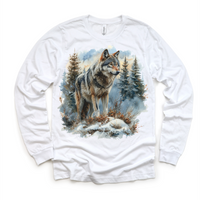 Retro Wolf Watercolor Nature Scene design on a long sleeve shirt.