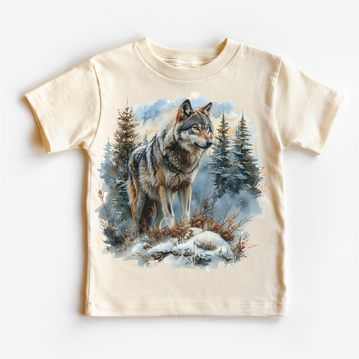 Retro Wolf Watercolor Nature Scene, Kids graphic T-shirt by Madi Moosh