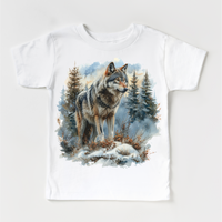 Retro Wolf Watercolor Nature Scene design on a white garment.