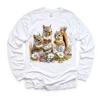 Retro Squirrel Watercolor Nature Scene Spring design on a long sleeve shirt.