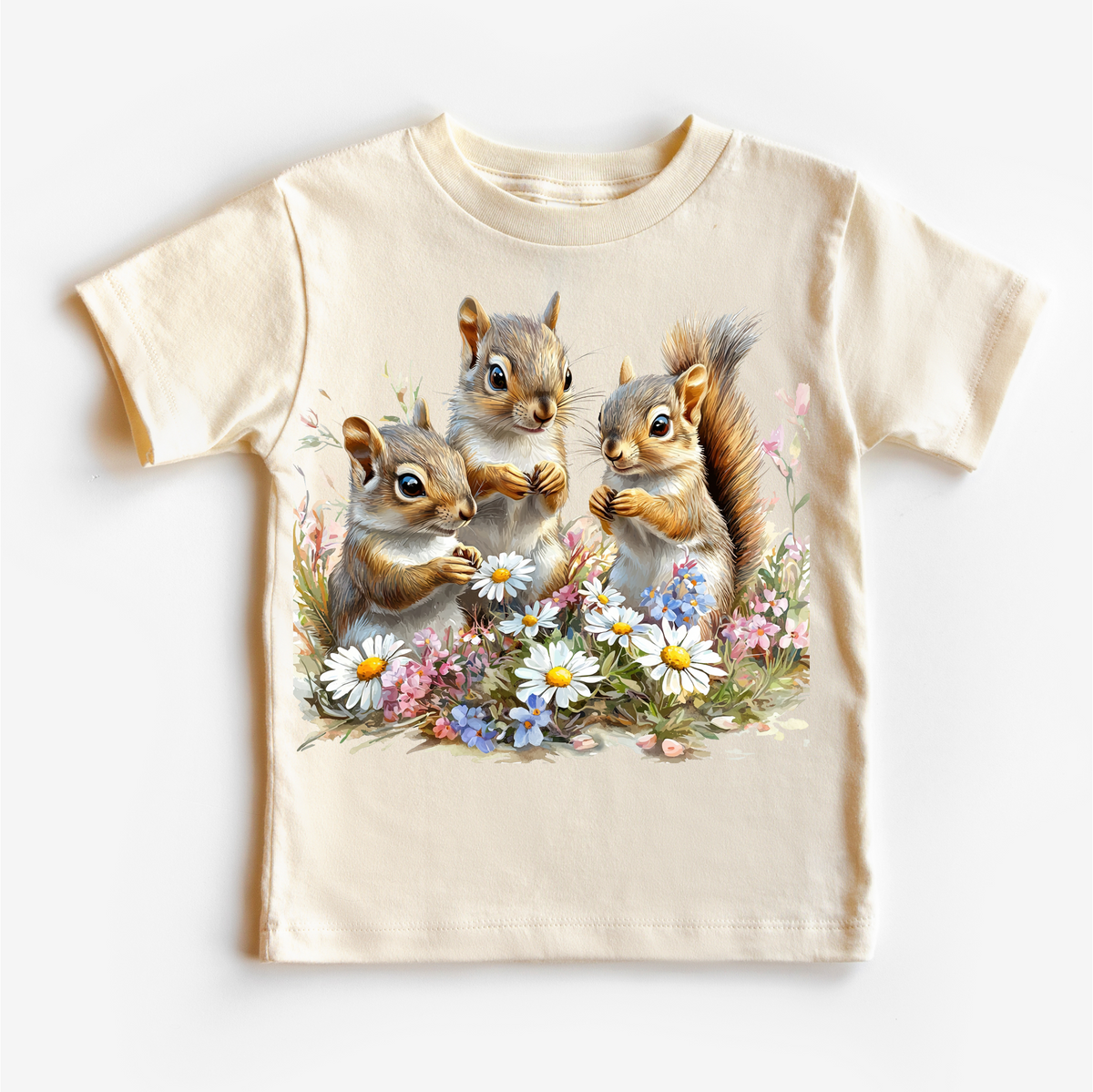 Retro Squirrel Watercolor Nature Scene Spring, Kids graphic T-shirt by Madi Moosh