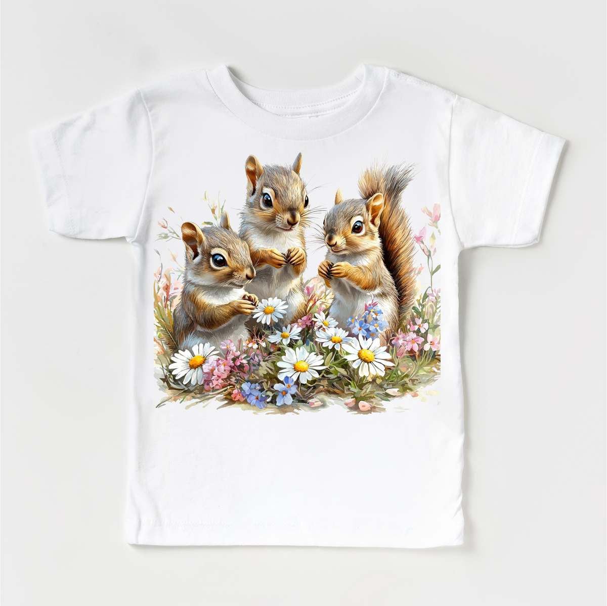 Retro Squirrel Watercolor Nature Scene Spring design on a white garment.