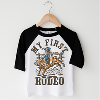 My First Rodeo Birthday design on a black-accented shirt.
