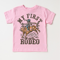 My First Rodeo Birthday design on a pink garment.