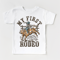 My First Rodeo Birthday design on a white garment.
