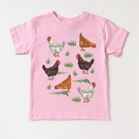 Cute Retro Chicken Farm design on a pink garment.