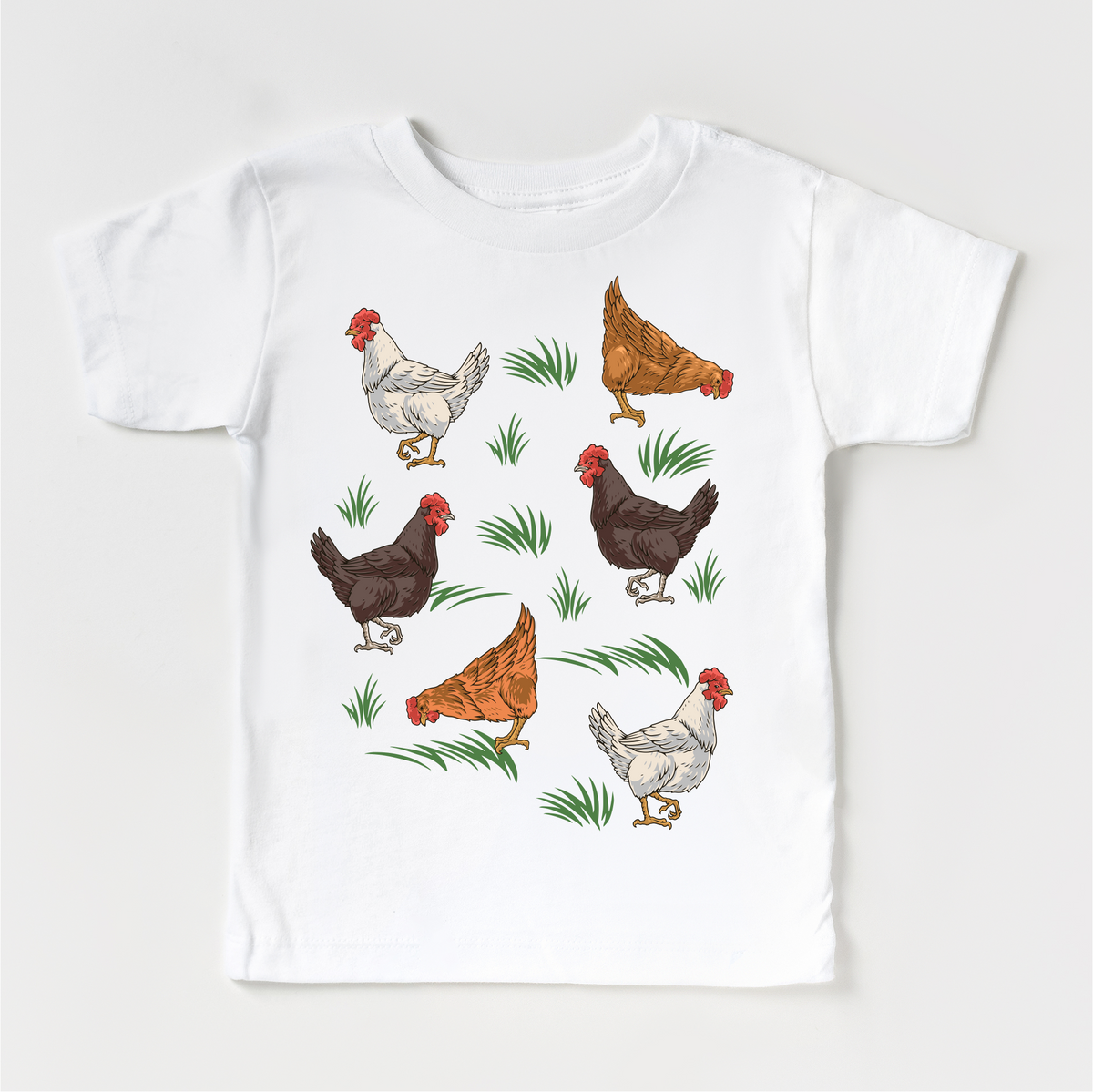 Cute Retro Chicken Farm design on a white garment.