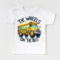 The Wheels On The Bus School design on a white garment.