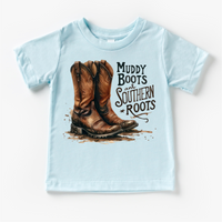 Muddy Boots And Southern Roots design on a blue garment.