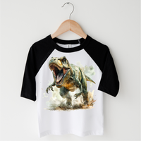 Retro T-REX Dinosaur design on a black-accented shirt.