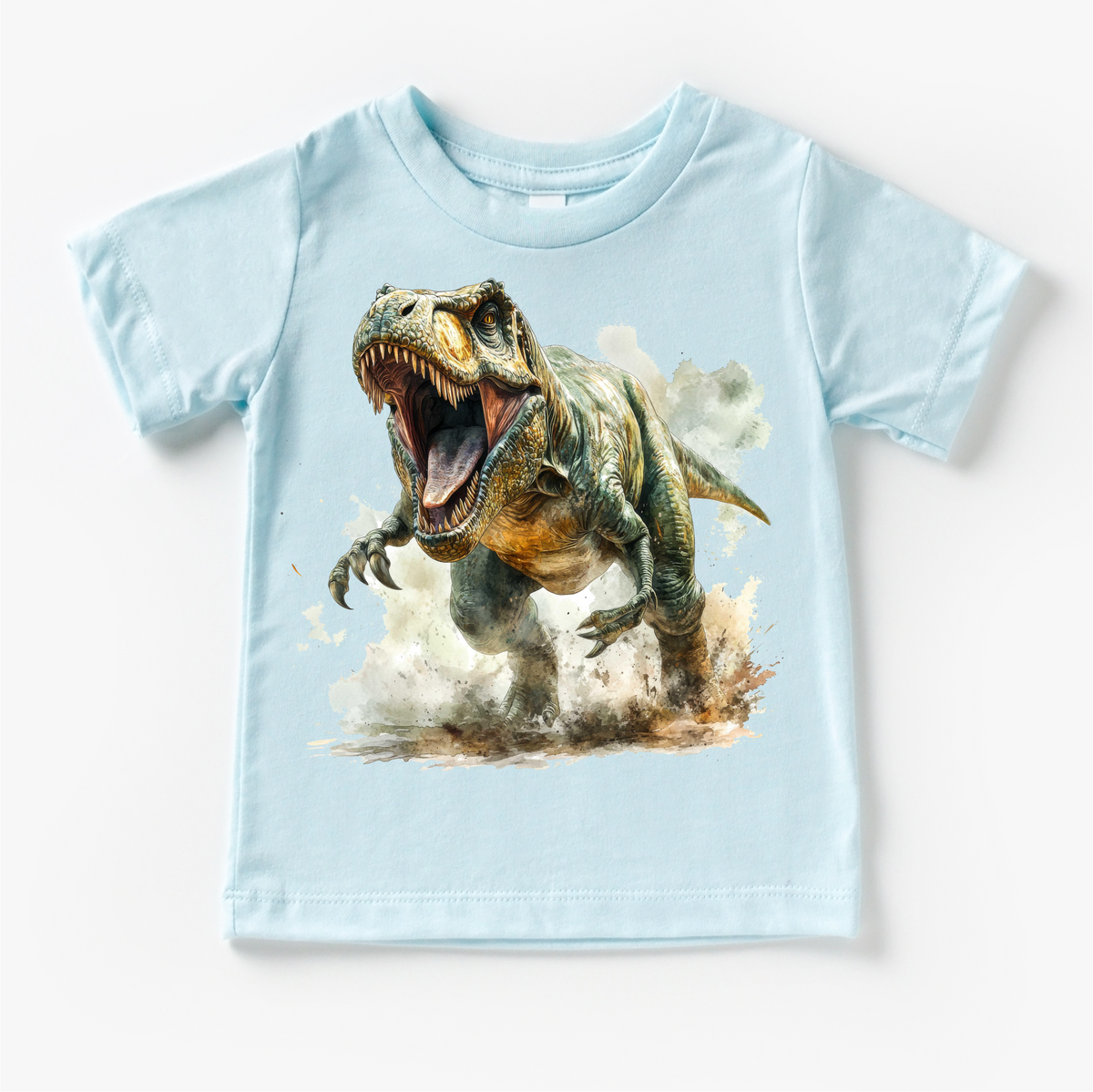 Retro T-REX Dinosaur design on a blue garment.
