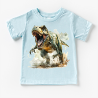 Retro T-REX Dinosaur design on a blue garment.