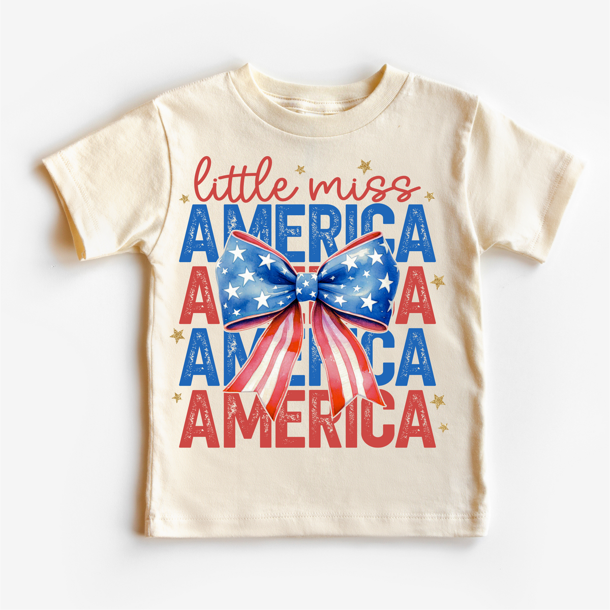 Little Miss America 4th Of July design on a natural garment.