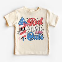 Red White And Cute 4th Of July design on a natural garment.