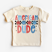 American Dude July 4th design on a natural garment.