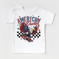 American Dude Retro Skate July 4th design on a white garment.