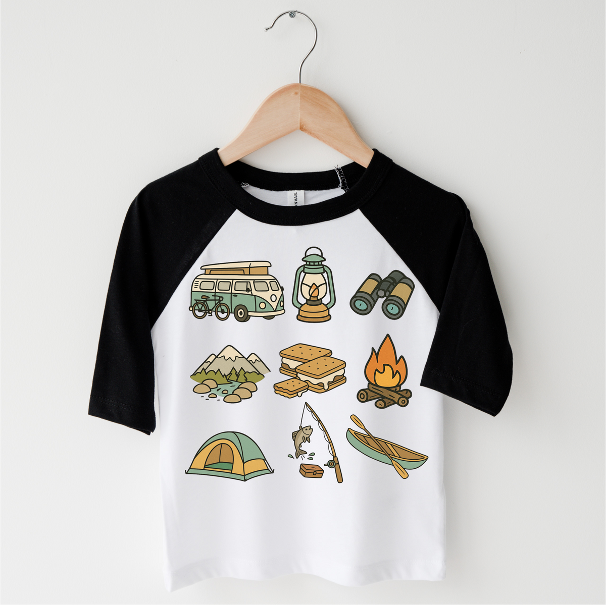 Happy Camper Camping design on a black-accented shirt.
