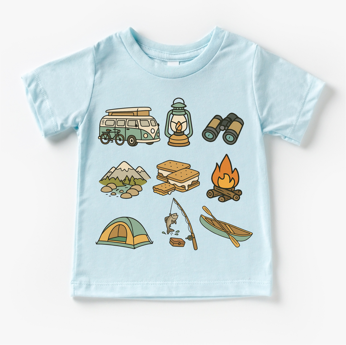 Happy Camper Camping design on a blue garment.