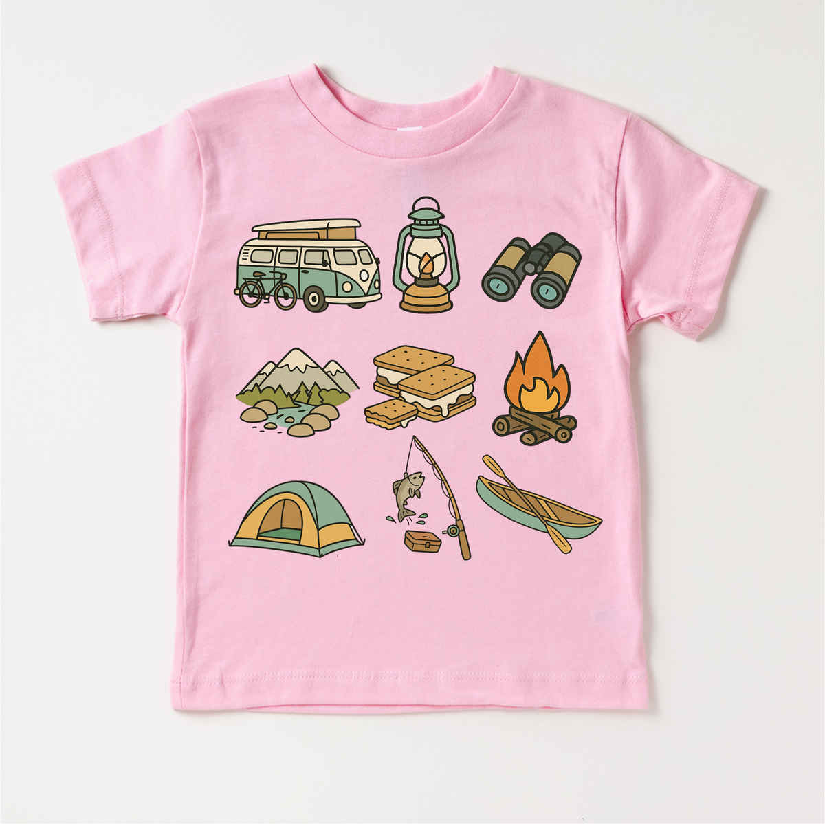 Happy Camper Camping design on a pink garment.