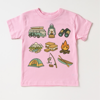 Happy Camper Camping design on a pink garment.