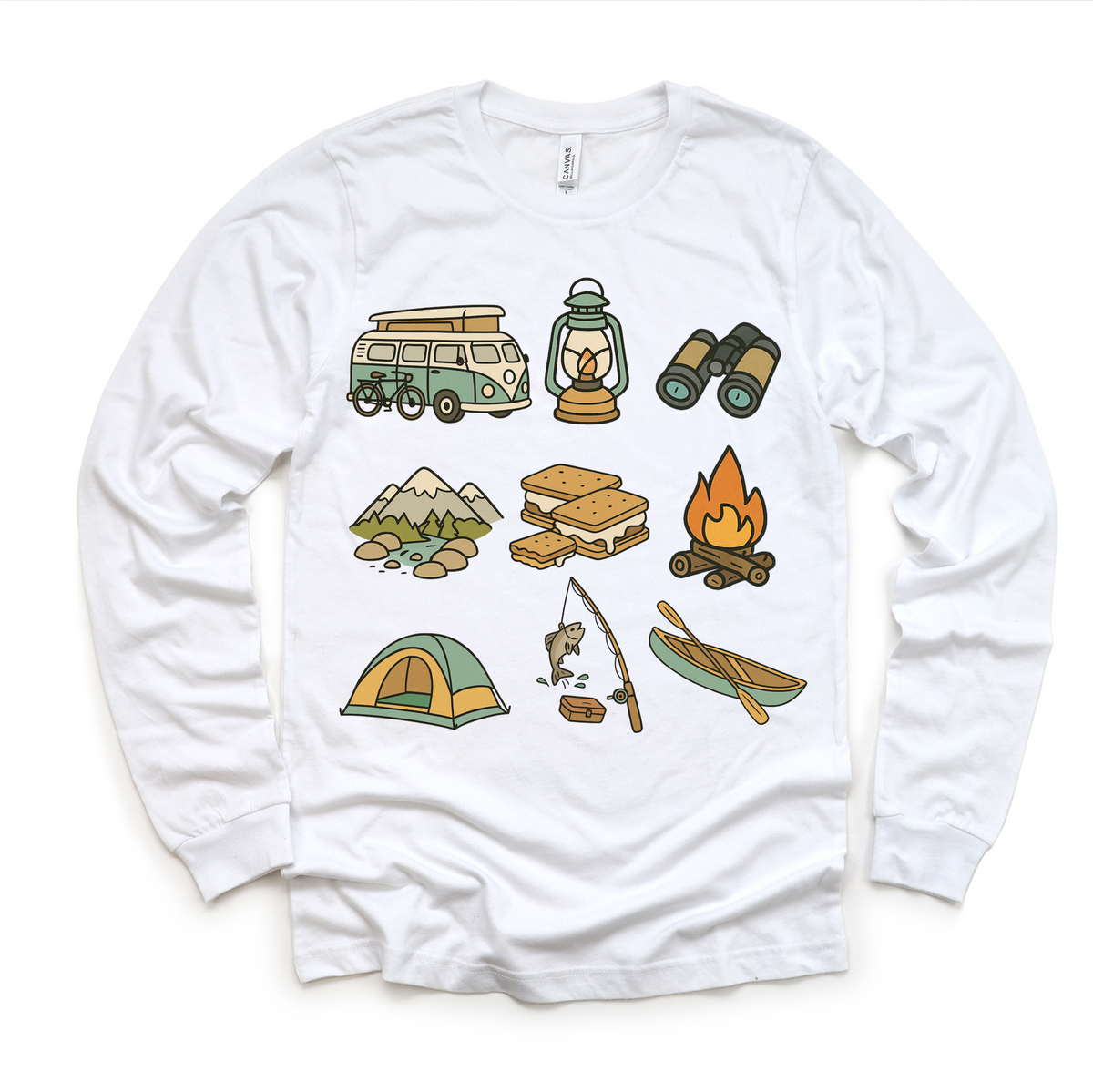 Happy Camper Camping design on a white long sleeve shirt.