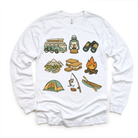 Happy Camper Camping design on a white long sleeve shirt.