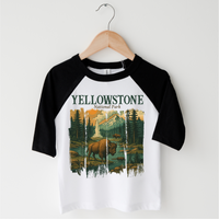 Yellowstone Natural Park design on a black-accented shirt.