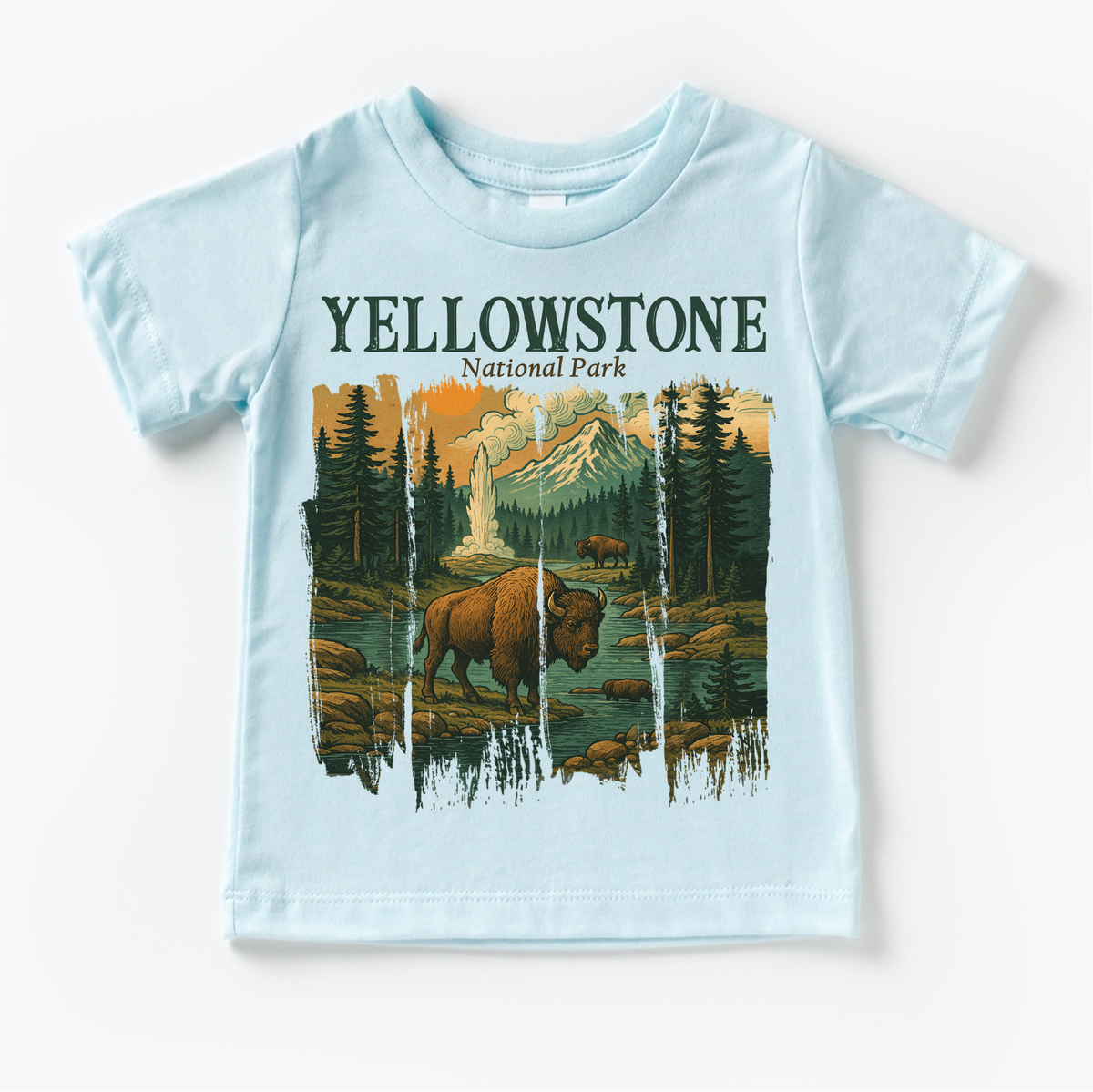 Yellowstone Natural Park design on a blue garment.