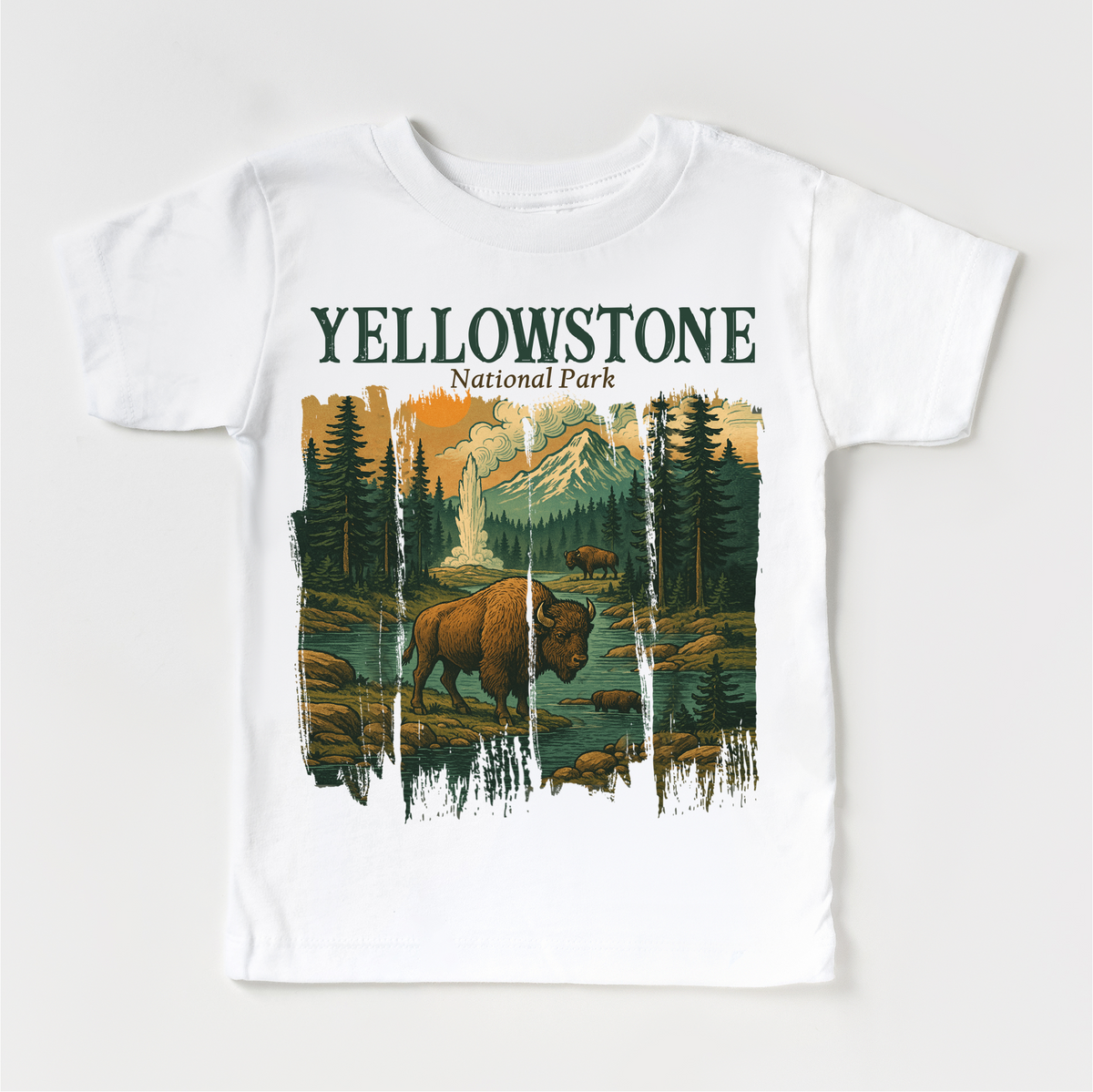 Yellowstone Natural Park design on a white garment.