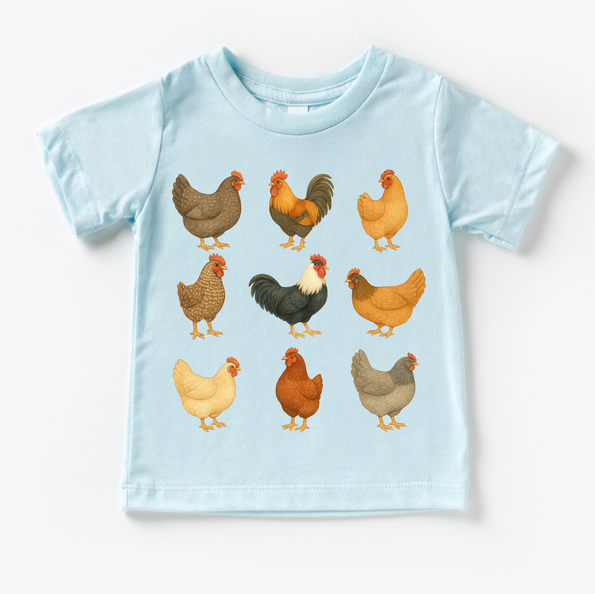 Chicken Rooster Farm design on a blue garment.
