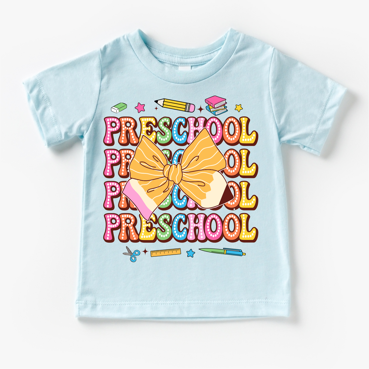 Preschool School design on a blue garment.