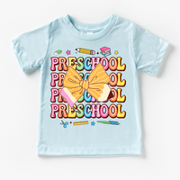 Preschool School design on a blue garment.