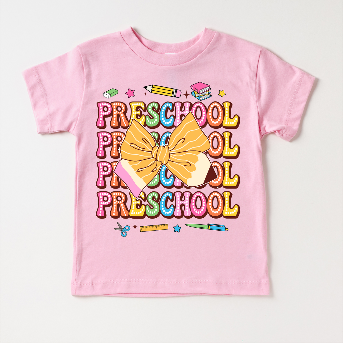Preschool School design on a pink garment.