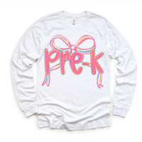 Girls Pre-K Bow Back To School design on a long sleeve shirt.