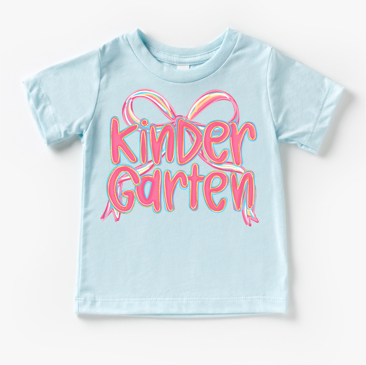 Girls Kindergarten Bow Back To School design on a blue garment.