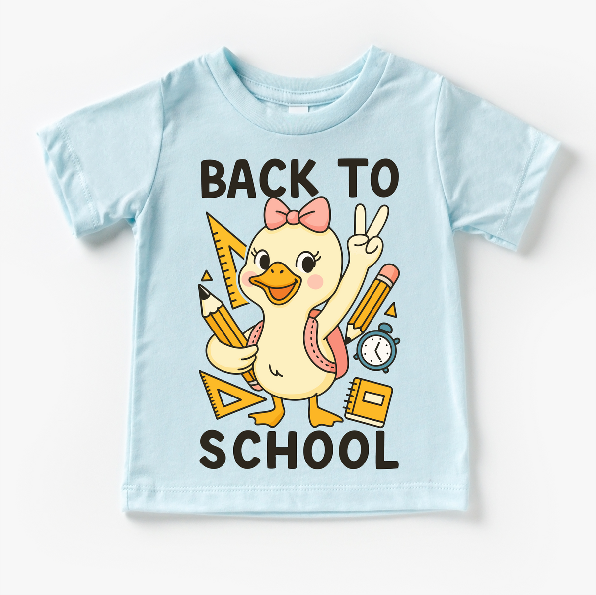 Girls Back To School Goose design on a blue garment.