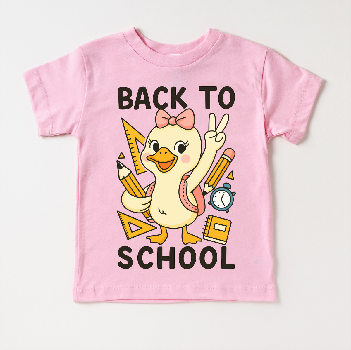 Girls Back To School Goose design on a pink garment.
