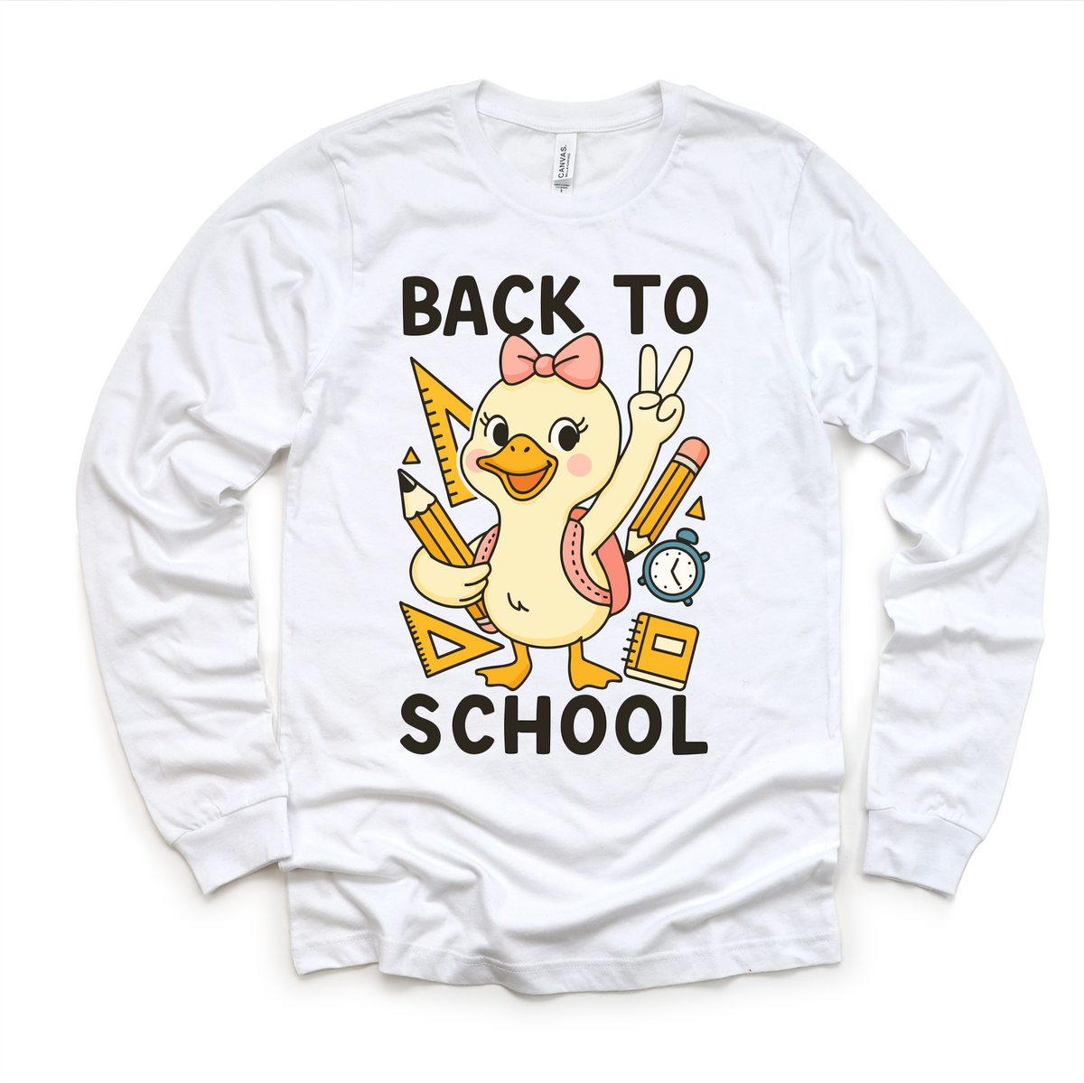 Girls Back To School Goose design on a white long sleeve shirt.