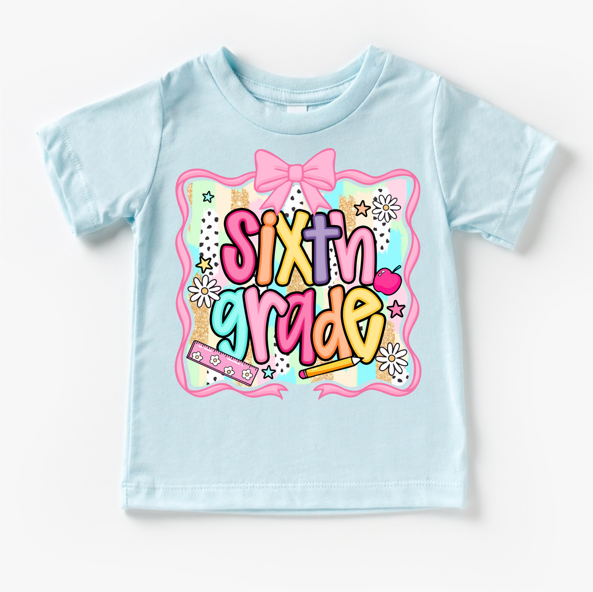 Girls 6th Grade School design on a blue garment.