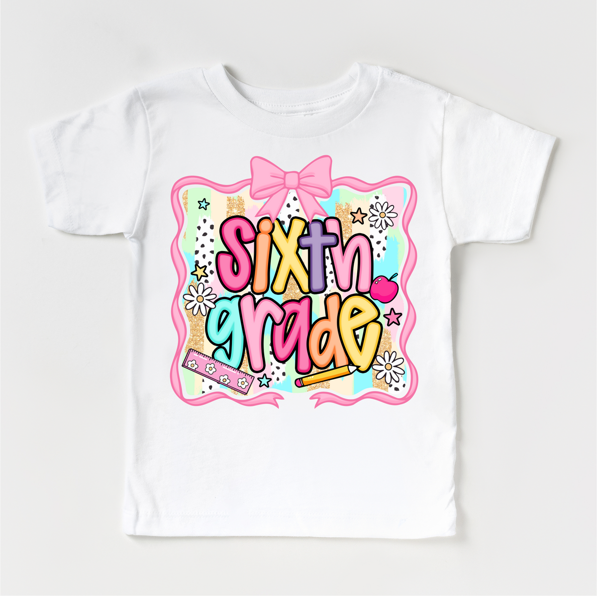 Girls 6th Grade School design on a white garment.