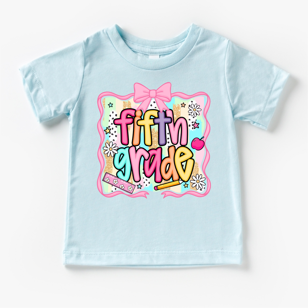 Girls 5th grade School design on a blue garment.