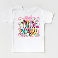 Girls 5th grade School design on a white garment.