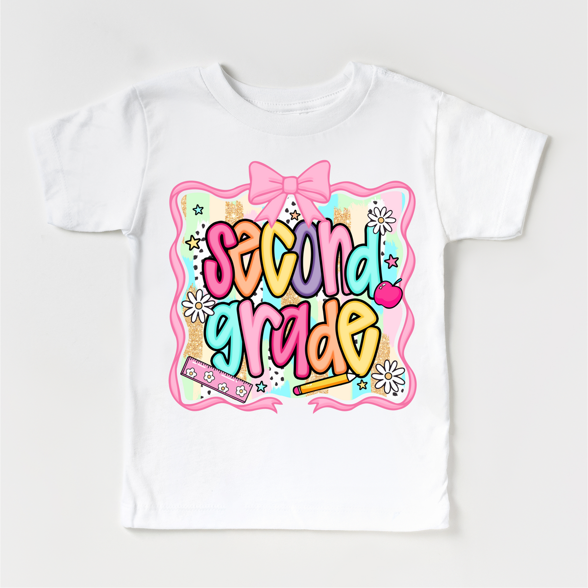 Girls 2nd Grade School design on a white garment.