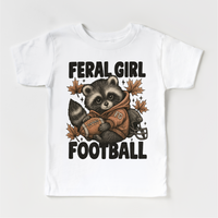 Feral Girl Football Raccoon design on a white garment.