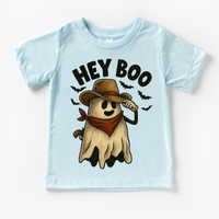 Hey Boo Western Halloween design on a blue garment.